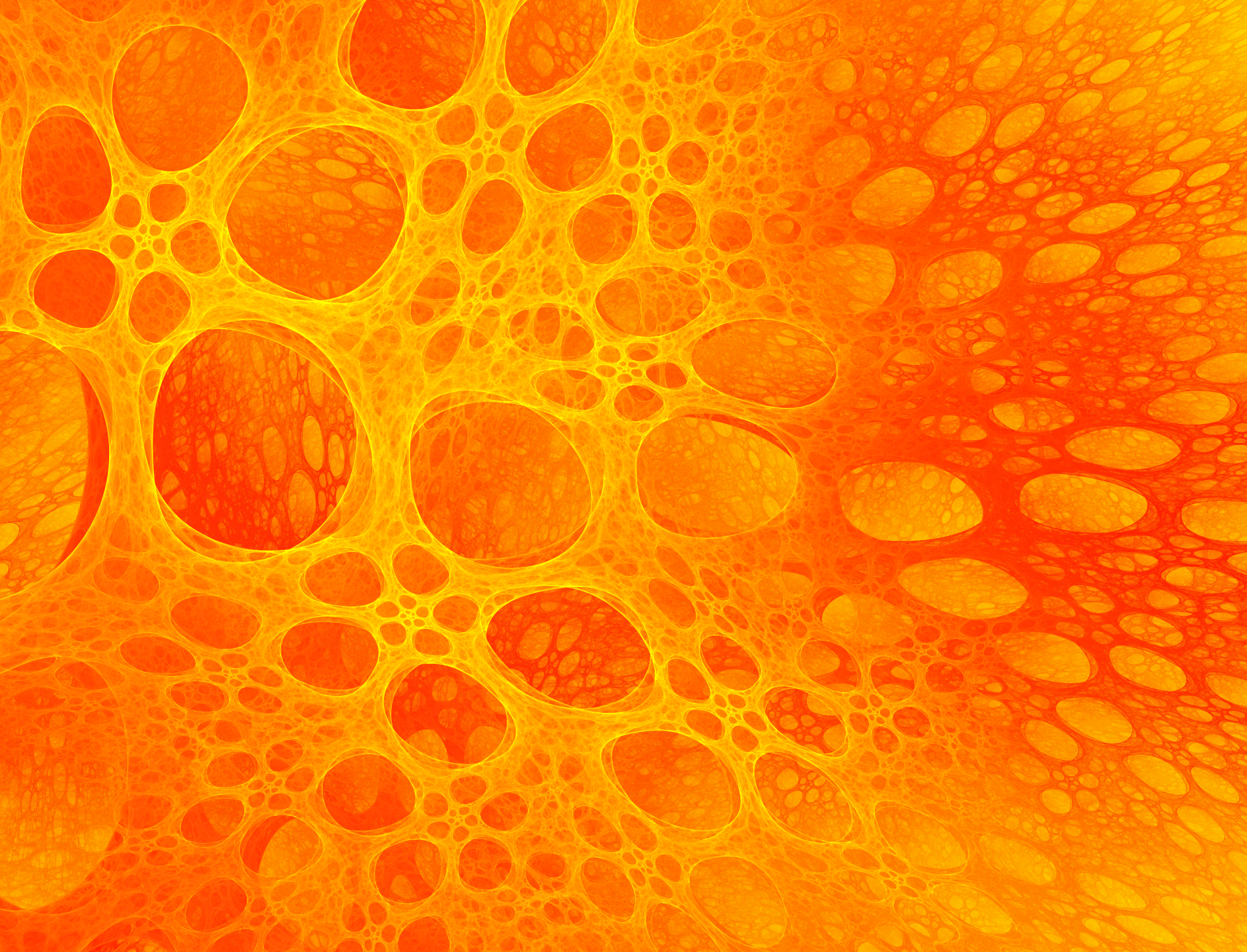HD desktop wallpaper featuring a vibrant orange abstract fractal design created with Apophysis software, showcasing intricate, interconnected circular shapes.