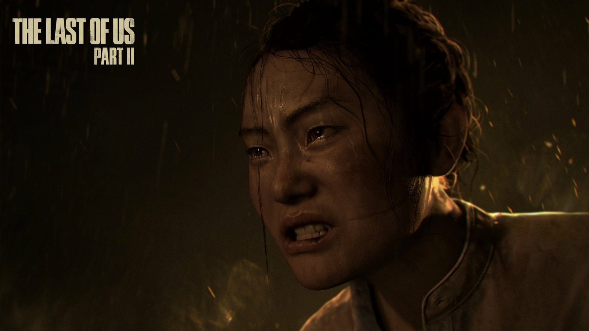 HD PC desktop wallpaper from the video game The Last of Us Part II, featuring a close-up of a determined character in a dimly lit setting.