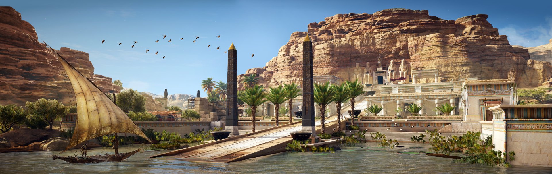 4K Ultra HD Assassin's Creed Origins PC wallpaper depicting an ancient Egyptian landscape with obelisks, palm trees, and rocky cliffs under a clear blue sky.