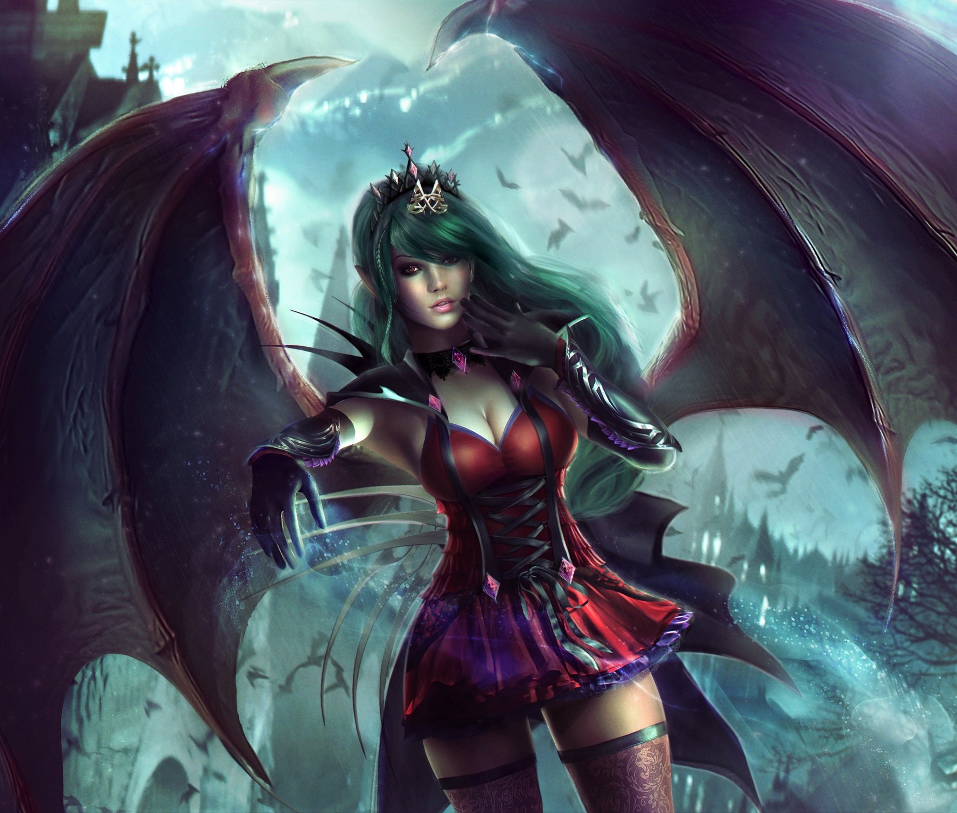 HD desktop wallpaper featuring a fantasy vampire with a crown and wings, set against a mystical backdrop.