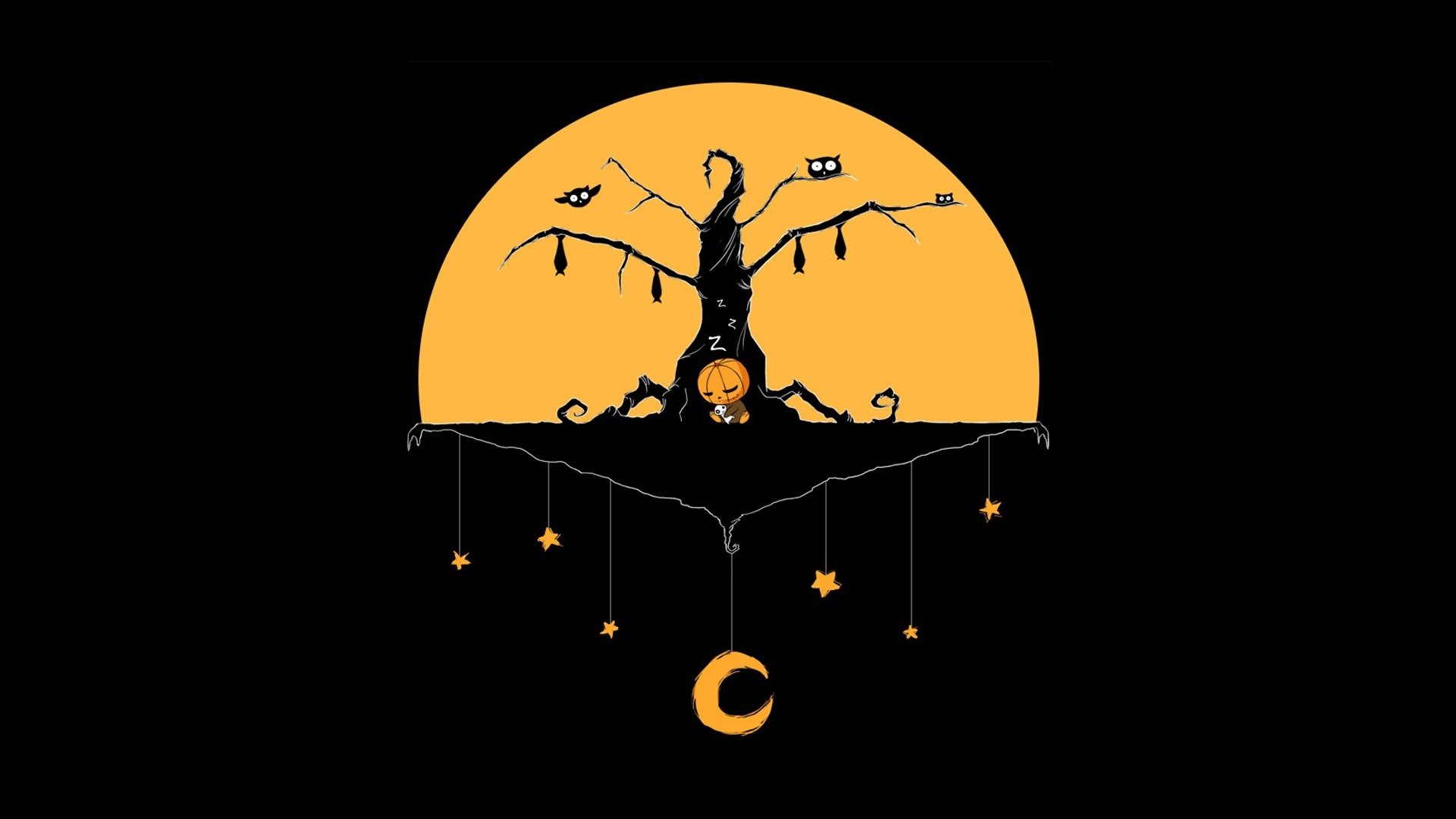Minimalist Halloween-themed HD desktop wallpaper featuring a silhouetted tree with hanging jack-o'-lantern and stars against a large orange moon backdrop.
