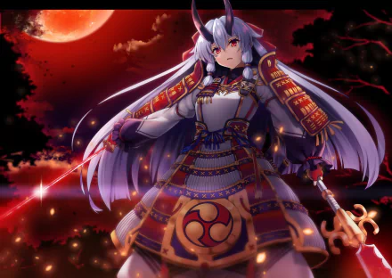 HD desktop wallpaper featuring Tomoe Gozen from Fate/Grand Order. The anime character stands confidently in detailed armor, set against a dramatic red sky and ominous full moon background.