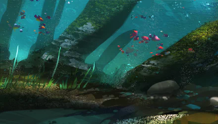 HD PC desktop wallpaper/background depicting a fantasy ocean: sunlit underwater arches, swaying sea grass and a swirl of colorful fish.