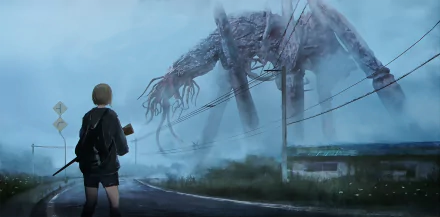 HD anime original desktop wallpaper featuring a girl standing on a road facing a towering, mist-shrouded, monstrous creature amid power lines in a foggy landscape.