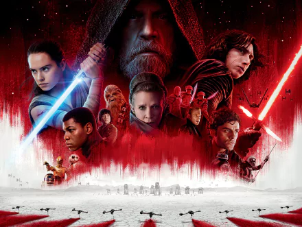 HD desktop wallpaper featuring the main characters of Star Wars: The Last Jedi against a red and black backdrop, highlighting intense lightsaber duel imagery and vivid character portraits.