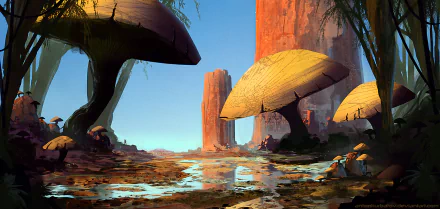 HD fantasy forest wallpaper featuring giant mushroom-like trees amid rocky formations and reflective water under a clear blue sky.