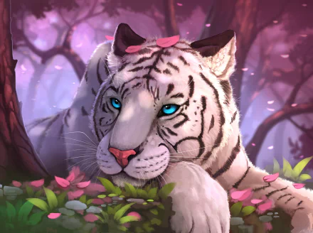 A majestic white tiger with striking blue eyes rests among pink petals in a vibrant, fantasy-inspired forest setting.