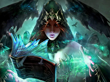 A fantasy witch in a hood adorned with jewelry, casting a spell from an ancient book, set in the video game Legend of the Cryptids as an HD PC desktop wallpaper.