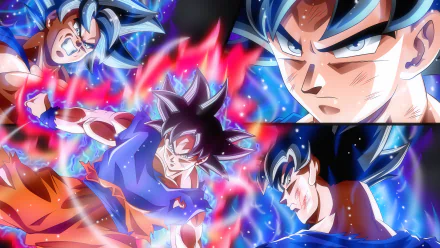 HD desktop wallpaper of Dragon Ball Super featuring Goku in various intense fighting poses, surrounded by vibrant, colorful auras on a dramatic background.