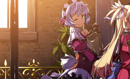 HD anime desktop wallpaper featuring characters Sharon Kreuger and Alisa Reinford from Eiyuu Densetsu, set against a warm, sunlit brick wall background.