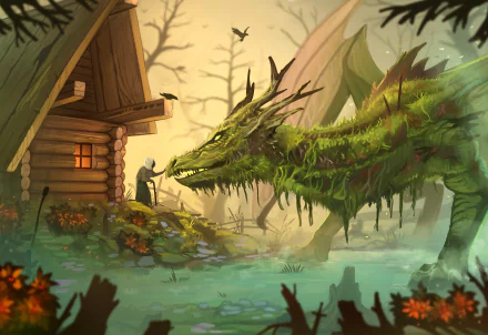 A high-definition fantasy desktop wallpaper featuring a majestic, moss-covered dragon in front of a rustic wooden cabin in a mystical forest setting.