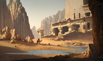 HD PC desktop wallpaper featuring a desert canyon scene from the video game Assassin's Creed Origins, showcasing rocky cliffs and ancient structures by a river.