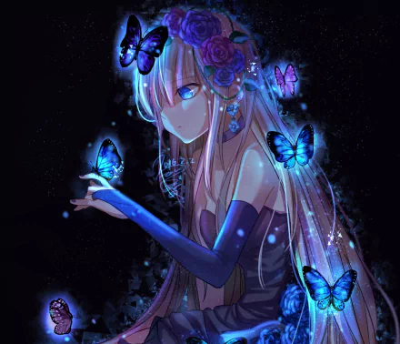 Anime girl with long hair and blue eyes surrounded by glowing butterflies, holding one gently. She has flowers in her hair and the background is a dark, magical scene. HD desktop wallpaper.