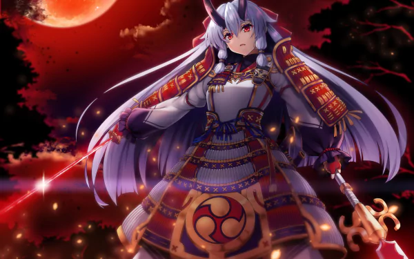HD desktop wallpaper featuring Tomoe Gozen from Fate/Grand Order. The anime character stands confidently in detailed armor, set against a dramatic red sky and ominous full moon background.