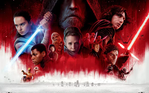 HD desktop wallpaper featuring the main characters of Star Wars: The Last Jedi against a red and black backdrop, highlighting intense lightsaber duel imagery and vivid character portraits.