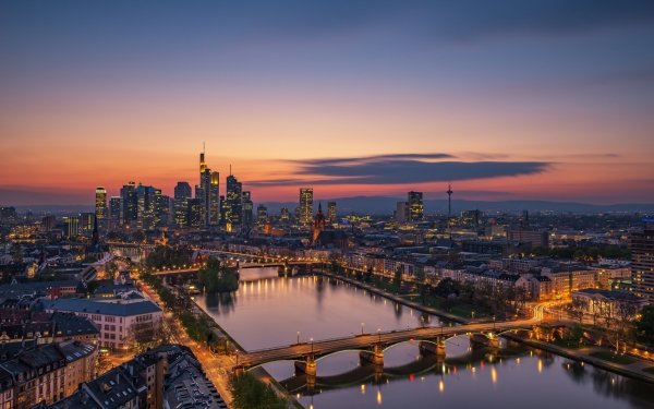 Man Made Frankfurt Cities Germany City River Bridge Building Skyscraper Night HD Wallpaper | Background Image