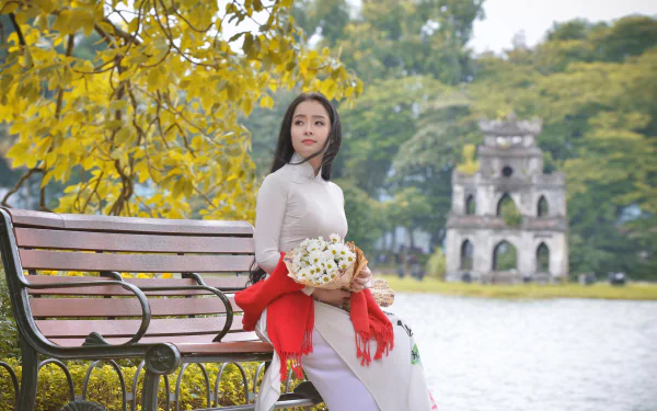 traditional costume depth of field bench bouquet brunette model woman asian HD Desktop Wallpaper | Background Image