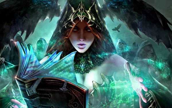 A fantasy witch in a hood adorned with jewelry, casting a spell from an ancient book, set in the video game Legend of the Cryptids as an HD PC desktop wallpaper.