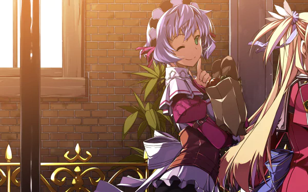 HD anime desktop wallpaper featuring characters Sharon Kreuger and Alisa Reinford from Eiyuu Densetsu, set against a warm, sunlit brick wall background.
