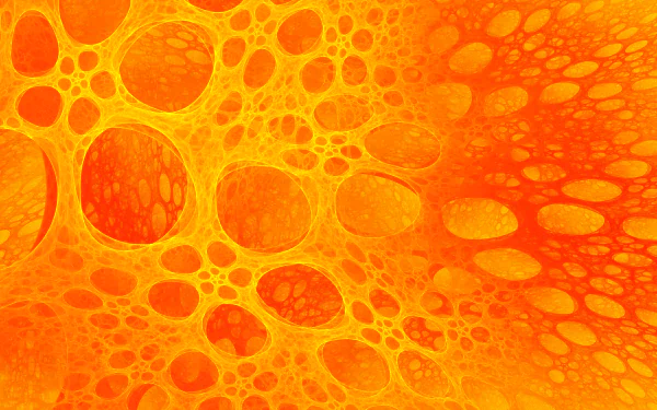 HD desktop wallpaper featuring a vibrant orange abstract fractal design created with Apophysis software, showcasing intricate, interconnected circular shapes.