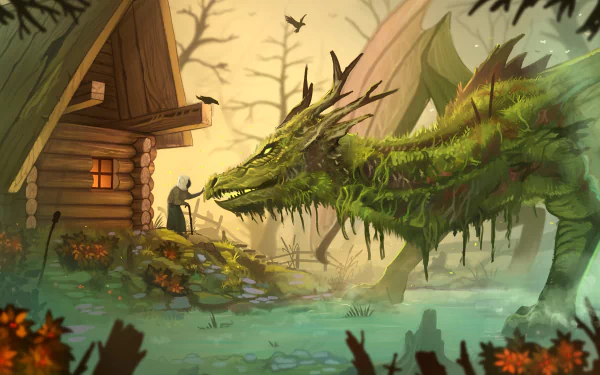 A high-definition fantasy desktop wallpaper featuring a majestic, moss-covered dragon in front of a rustic wooden cabin in a mystical forest setting.