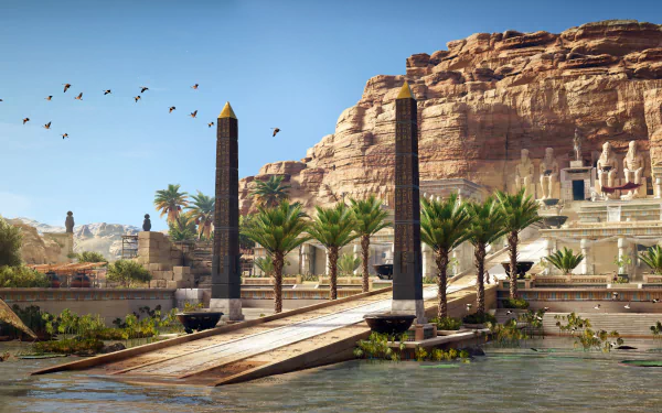 4K Ultra HD Assassin's Creed Origins PC wallpaper depicting an ancient Egyptian landscape with obelisks, palm trees, and rocky cliffs under a clear blue sky.
