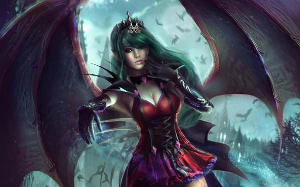 HD desktop wallpaper featuring a fantasy vampire with a crown and wings, set against a mystical backdrop.