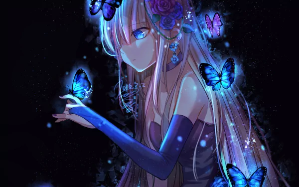 Anime girl with long hair and blue eyes surrounded by glowing butterflies, holding one gently. She has flowers in her hair and the background is a dark, magical scene. HD desktop wallpaper.