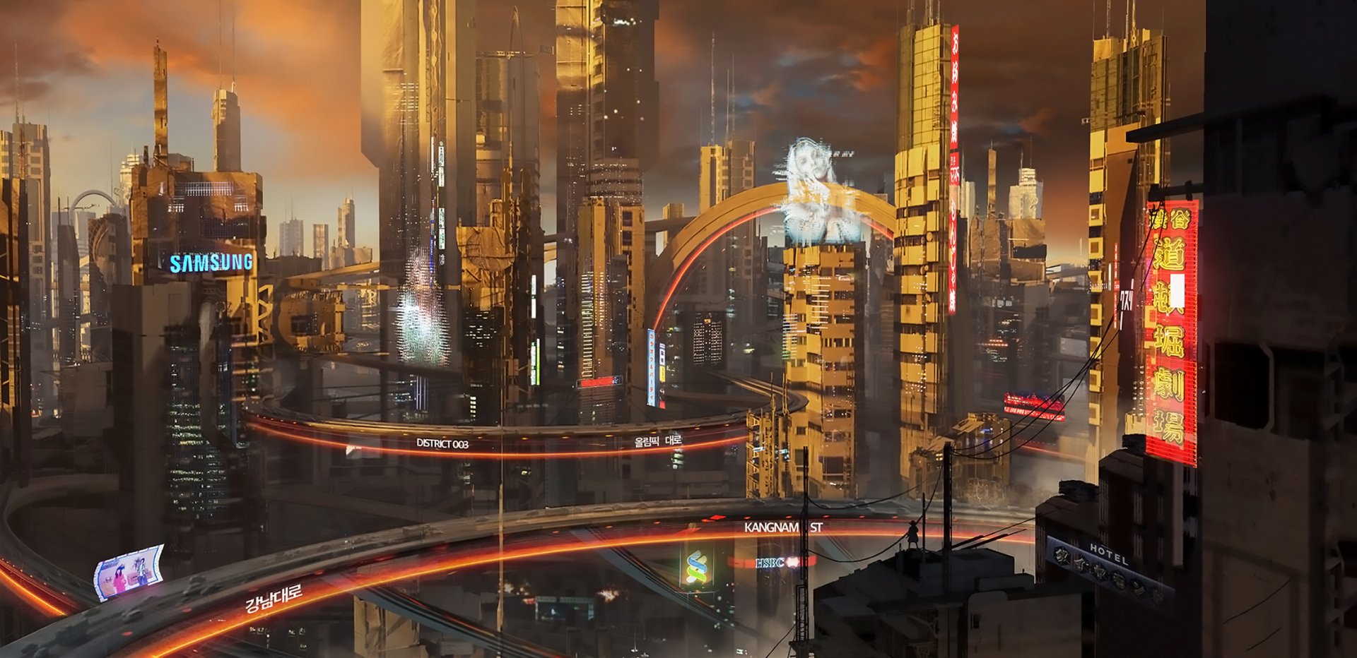 Futuristic sci-fi cityscape of Seoul at evening, featuring tall buildings and glowing neon lights, captured in an HD desktop wallpaper style.