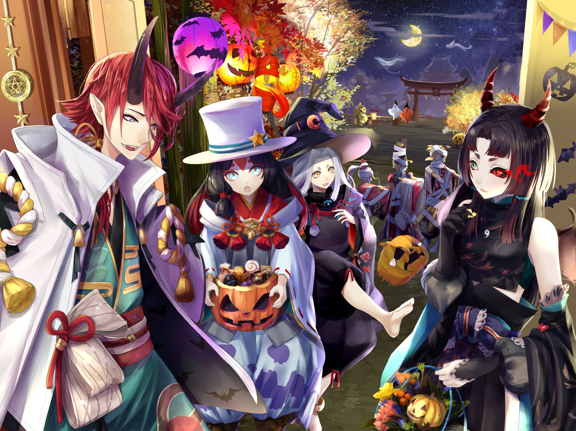 HD anime Halloween desktop wallpaper featuring Onmyoji characters in Japanese clothes under a moonlit night, surrounded by pumpkins and festive cosplay elements.