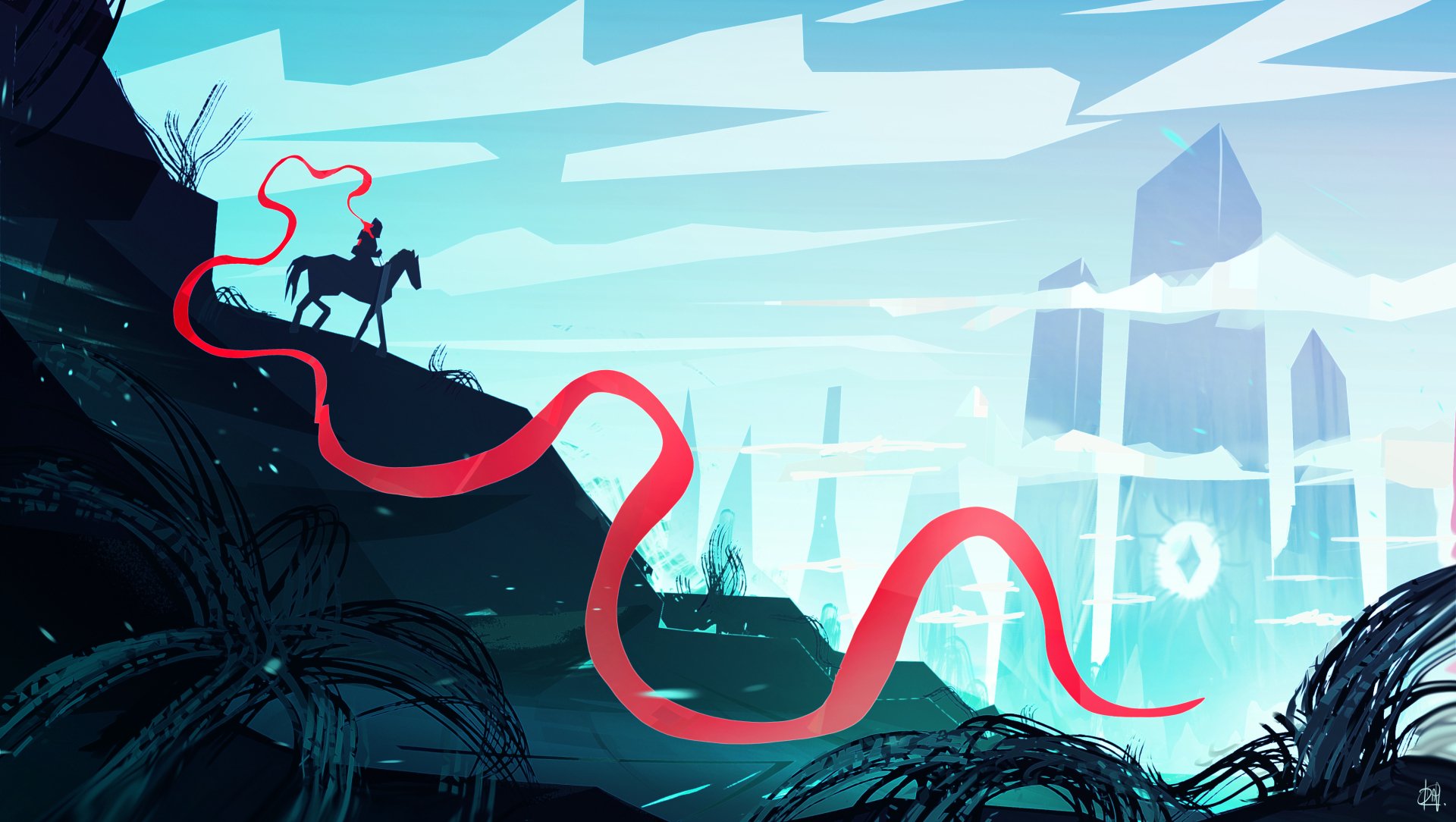 HD desktop wallpaper featuring a fantasy landscape with a horse and rider traveling a dark path. A red ribbon trails from them towards a glowing crystal city under a striking blue sky.