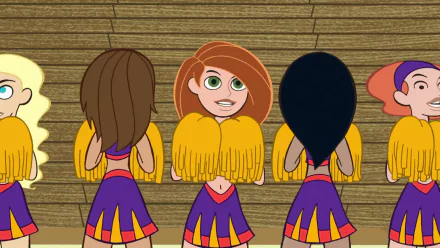 HD PC desktop wallpaper of Disney cartoon Kim Possible as a cheerleader with yellow pom-poms among teammates in purple-and-orange uniforms, bleachers behind.