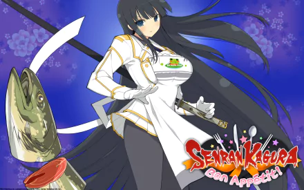 HD PC desktop wallpaper featuring a character from the video game Senran Kagura Bon Appétit! holding a katana with a fish and vibrant purple background.