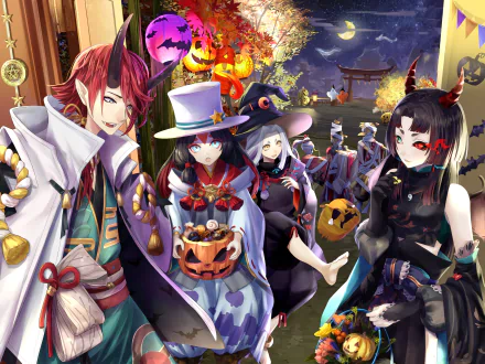 HD anime Halloween desktop wallpaper featuring Onmyoji characters in Japanese clothes under a moonlit night, surrounded by pumpkins and festive cosplay elements.