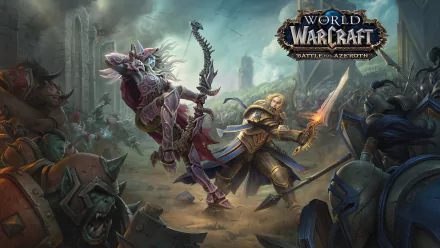 Epic battle scene from World of Warcraft: Battle for Azeroth, depicting fierce combat between a Horde and an Alliance warrior, set as a high-definition desktop wallpaper and background.