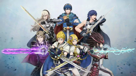 HD desktop wallpaper featuring characters from Fire Emblem Warriors, poised for battle with weapons drawn.