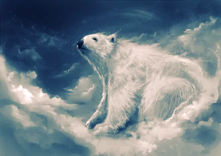 HD desktop wallpaper featuring a majestic polar bear amidst swirling clouds against a vivid sky.