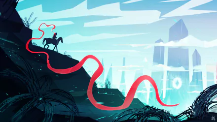 HD desktop wallpaper featuring a fantasy landscape with a horse and rider traveling a dark path. A red ribbon trails from them towards a glowing crystal city under a striking blue sky.