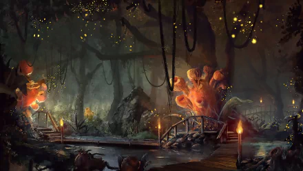 A fantasy jungle landscape illuminated by torches and glowing plants, featuring wooden bridges across a mysterious misty swamp. HD desktop wallpaper.