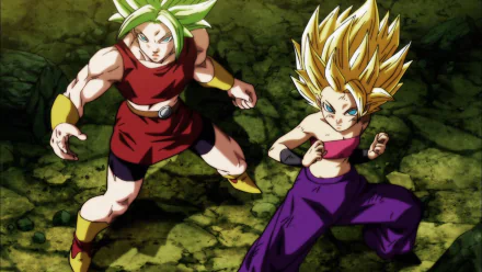 HD wallpaper featuring Caulifla and Kale from Dragon Ball Super in their Super Saiyan forms, set against a rugged terrain background.