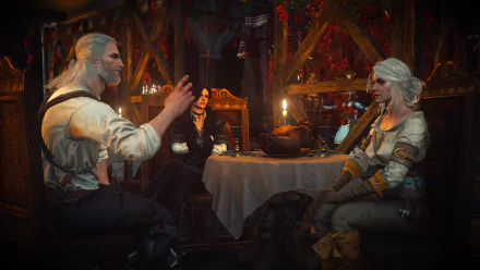 Geralt of Rivia, Yennefer of Vengerberg, and Ciri from The Witcher 3: Wild Hunt sit around a table in an HD desktop wallpaper. The scene features detailed graphics typical of a video game environment.