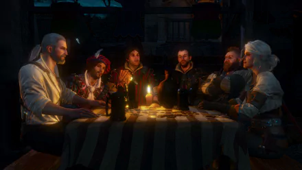 HD desktop wallpaper featuring characters from The Witcher 3: Wild Hunt, including Geralt of Rivia and Ciri, gathered around a table in a dimly lit setting.