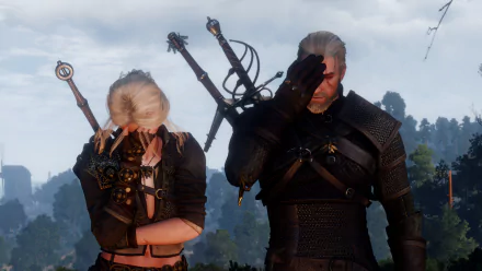 HD desktop wallpaper featuring Geralt of Rivia and Ciri from video game The Witcher 3: Wild Hunt, both facepalming in a scenic outdoor setting.