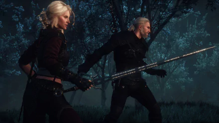 HD desktop wallpaper featuring Ciri and Geralt of Rivia from the video game The Witcher 3: Wild Hunt, both poised with their swords drawn against a dark forest backdrop.