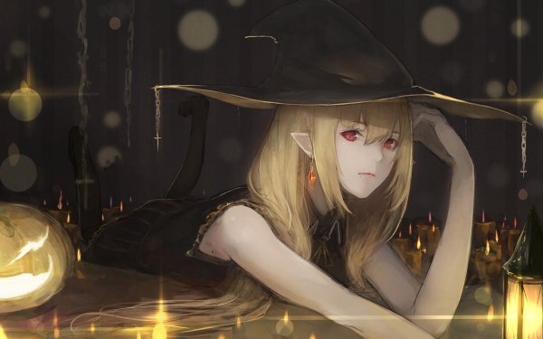 Anime Original Blonde Lantern Pumpkin Halloween Red Eyes Witch Hat Pointed Ears HD Wallpaper | Background Image