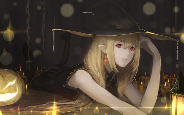 Anime girl with pointed ears and red eyes wearing a witch hat, surrounded by Halloween-themed pumpkins and lanterns. She has blonde hair and is resting her head on her hand. HD desktop wallpaper.