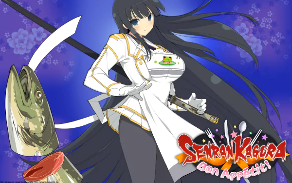 HD PC desktop wallpaper featuring a character from the video game Senran Kagura Bon Appétit! holding a katana with a fish and vibrant purple background.