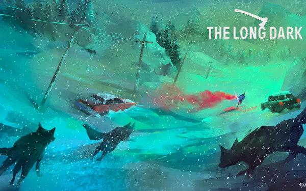 HD PC desktop wallpaper featuring a snowy wilderness scene with wolves and vehicles from the video game The Long Dark.