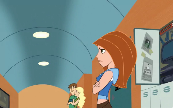 HD PC desktop wallpaper of Kim Possible (Character) from the Kim Possible TV show: Kim stands with arms crossed in a school hallway, lockers and a cheerleader behind her.