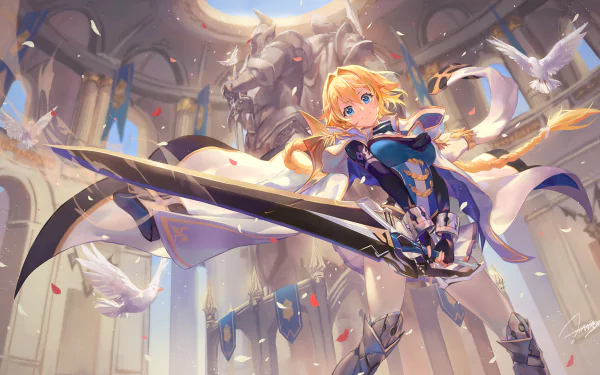 HD PC desktop wallpaper featuring a dynamic scene from the video game Kaku-San-Sei Million Arthur, showcasing a blonde armored character wielding a large sword inside a grand hall.